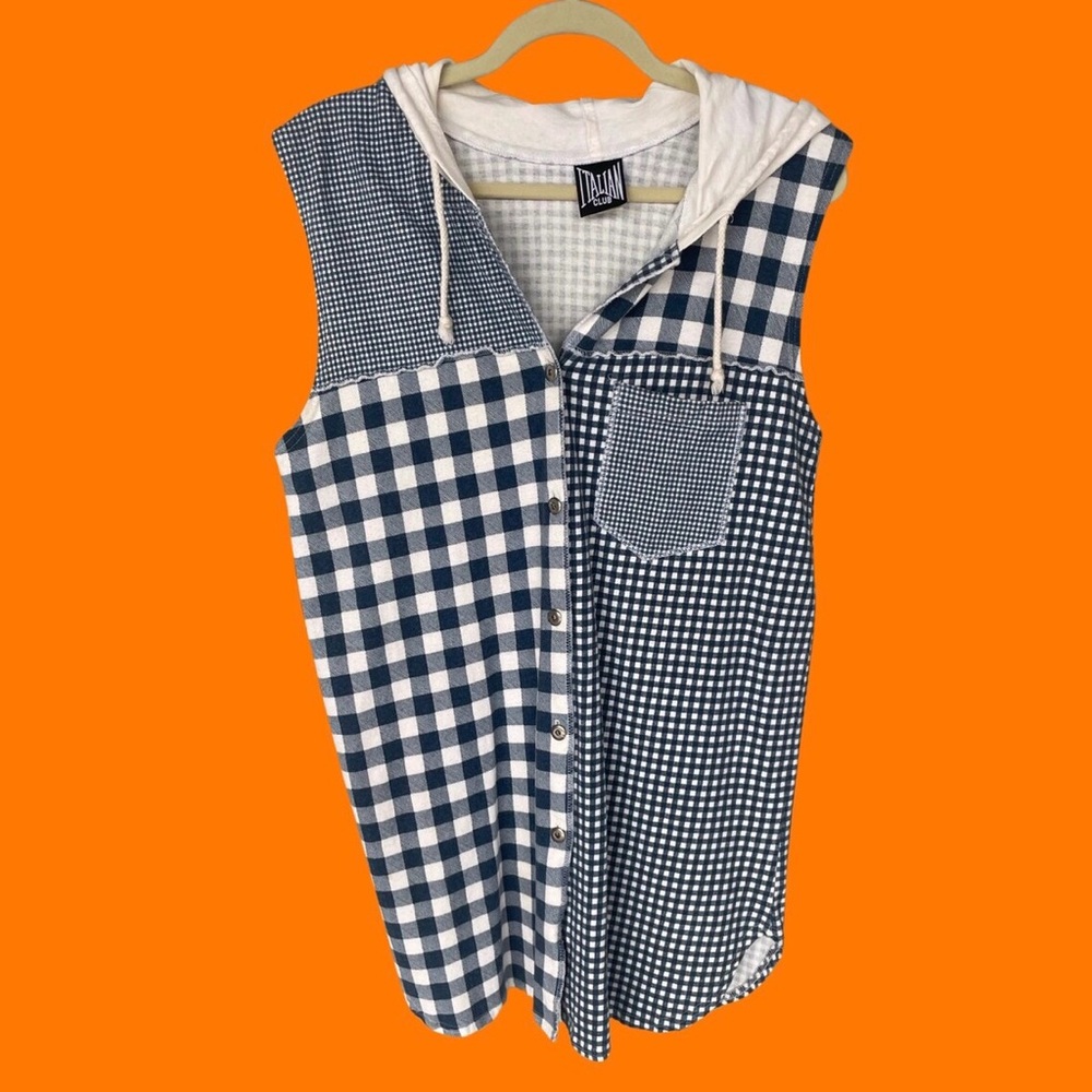 Vintage plaid patchwork gingham flannel sleeveless hoodie